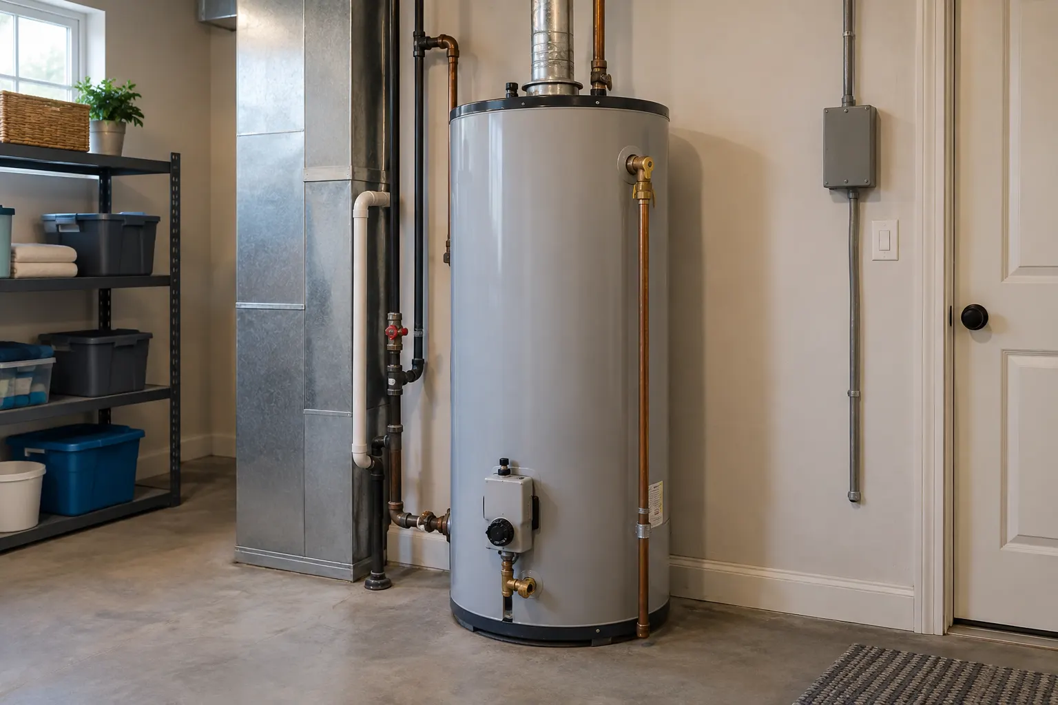 A clean, unbranded residential tank water heater in a utility room